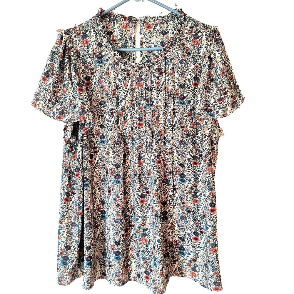 Rose & Olive Top Womens 1X* Multicolor Floral Ruffle Collar Pleated *Pls Read*